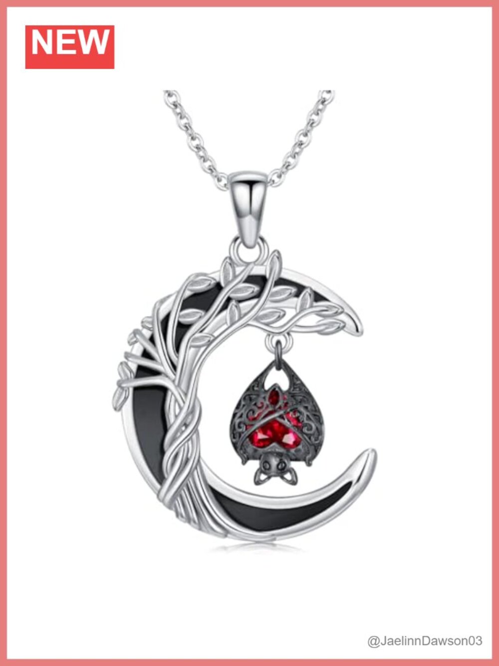 925 Sterling Silver Black Onyx Tree of Life Bat Pendant Necklace